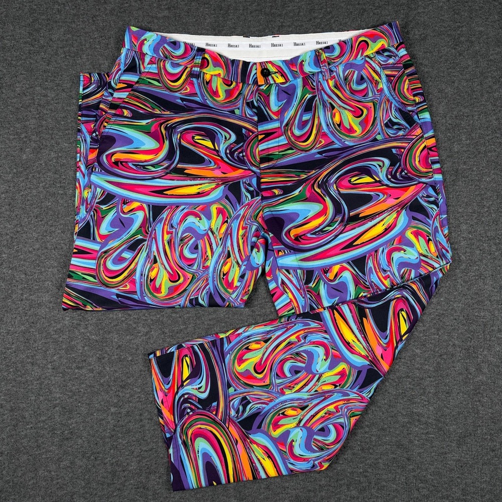 HRESKI Mens 38x26 Psychedelic Colorful Golf Performance Stretch Trousers Pants